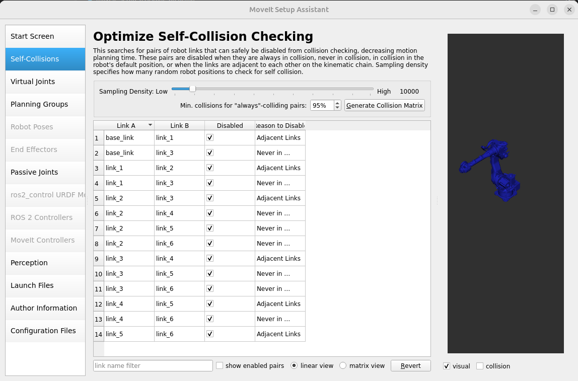 GP50 self-collision matrix