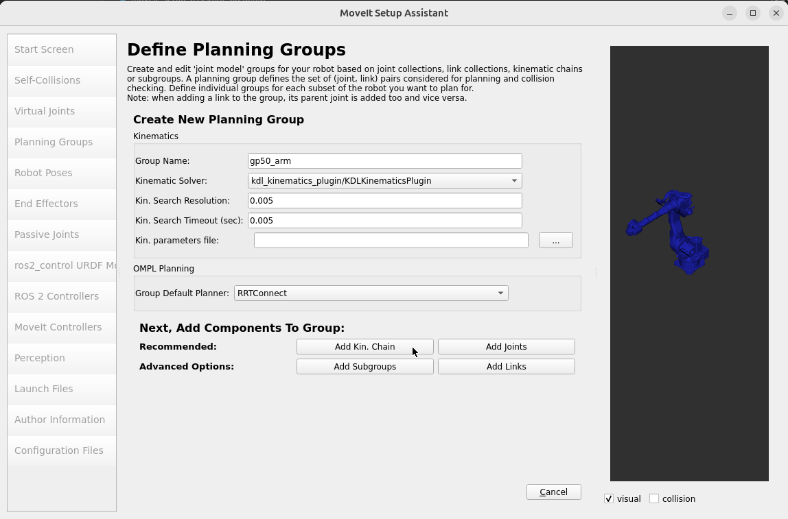 Configure GP50 planning-group kinematics