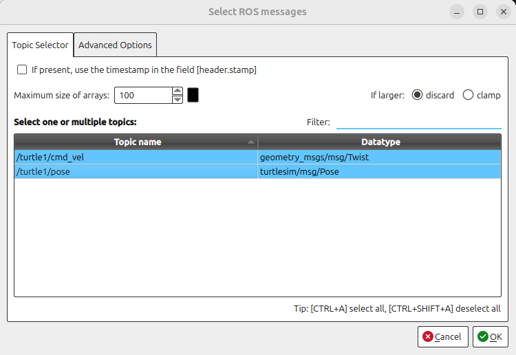 PlotJuggler topic-selection dialog