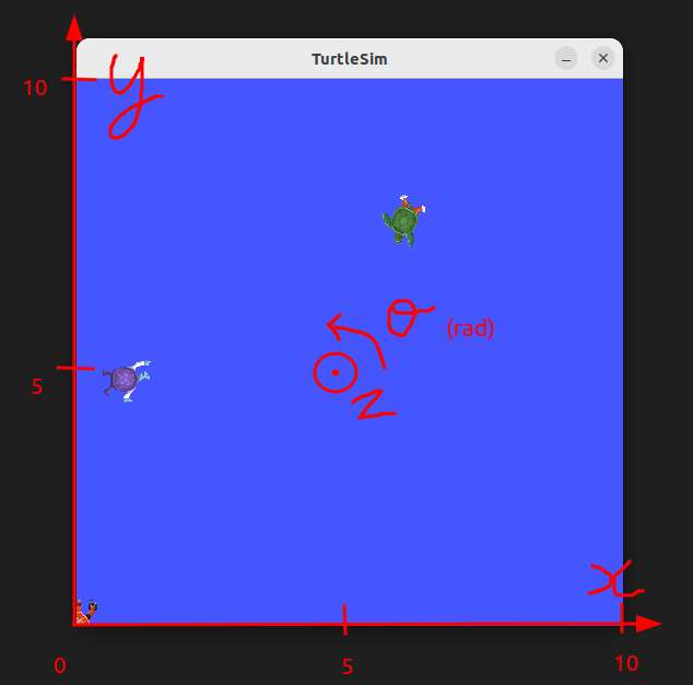 Turtlesim coordinate system showing x, y, and theta
